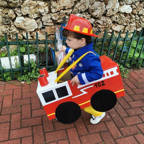 Dog Fire Truck Costume, Diy Firetruck Costume Cardboard Boxes, Diy Firetruck Costume, Fire Engine Activities For Toddlers, Truck Costume Diy, Box Fire Truck, Fire Truck Costume, Farm Costumes, Fireman Kids