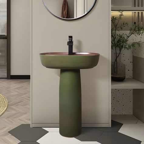 Porcelain Pedestal Bathroom Sink Oval Shaped Pop-Up Drain Faucet in Green - Sink with Faucet Black Green Pedestal Sink, Unique Pedestal Sink, Black Pedestal Sink, Pedistal Sink, Kids Makeup Vanity, Sink Stand, Modern Pedestal Sink, Pedestal Sink Bathroom, Free Standing Sink