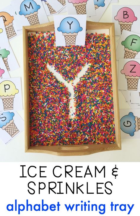 Free printable ice cream and sprinkles alphabet writing practice cards for this super simple sprinkle filled writing tray! Practice pre-writing and fine motor skills. The perfect activity to motivate and engage preschoolers and kindergarteners! Ice Cream Alphabet, Printable Ice Cream, Alphabet Writing Practice, Ice Cream Sprinkles, Summer Preschool, Preschool Writing, Alphabet Writing, Preschool Literacy, Letter Activities