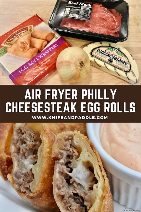 Air Fryer Philly Cheesesteak Egg Rolls • www.knifeandpaddle.com Cheese Steak Egg Rolls Air Fryer, Cheesesteak Egg Rolls Recipe, Air Fryer Philly Cheesesteak Egg Rolls, Philly Egg Roll Recipes, Cheesesteak Eggrolls Air Fryer, Philly Cheese Steak Egg Rolls Air Fryer, Philly Cheese Egg Rolls Recipe, Philly Cheesesteak Egg Rolls Recipes, Airfryer Egg Rolls