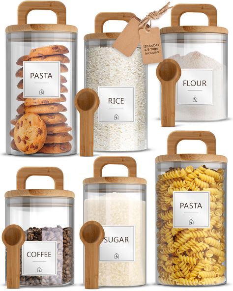 PRICES MAY VARY. VERSATILE FOOD STORAGE: These glass jars with airtight bamboo lids are perfect for storing a variety of items like spices, coffee beans, pasta, cookies, and more, keeping your pantry organized and ingredients fresh STYLISH AND FUNCTIONAL: With their clear glass design and elegant bamboo lids, these containers add a touch of sophistication to your kitchen while providing airtight sealing to preserve the flavors and textures of your favorite foods SPACE-EFFICIENT STORAGE: The squa Coffee Bar Containers, Must Have Kitchen Items, Food Pantry Organizing, Glass Storage Containers, Pantry Essentials, Kitchen Aesthetic, Efficient Storage, Organizing Hacks, Space Efficient