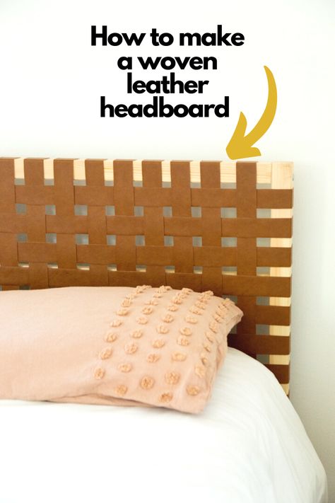 See how to transform the basic Ikea Tarva bed frame with this DIY Woven Leather Headboard tutorial! Gjora Bed Headboards, Ikea Tarva Bed Bedroom Ideas, Diy Woven Leather Headboard, Ikea Tarva Bed Frame Hack, Kira Ikea Bed Hack, Diy Bed Board, Ikea Tarva Bed Ideas, Ikea Bed Frame Hack, Ikea Tarva Bed Hack