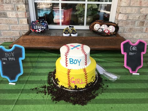 Cake Baseball Vs Softball Gender Reveal, Baseball Gender Reveal Ideas, Softball Vs Baseball, Softball Gender Reveal, Gender Reveal Food, Baseball Gender Reveal, Pregnancy Gender, Gender Reveal Photos, Pregnancy Gender Reveal