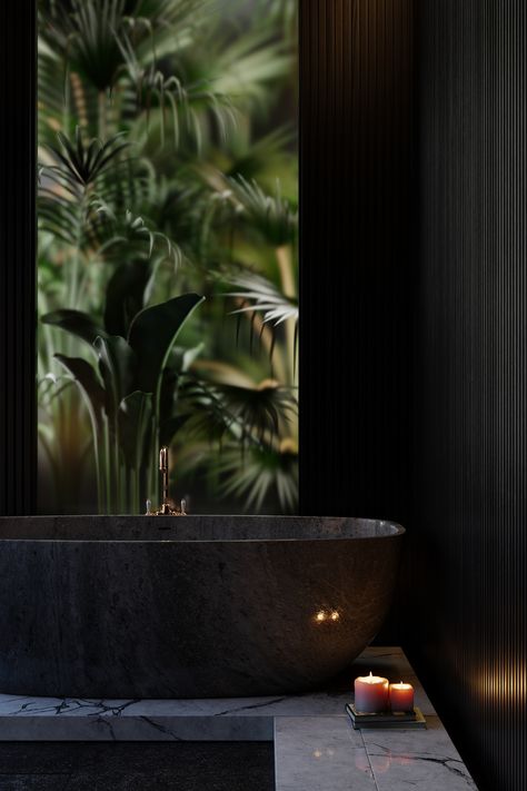 Wooden Bathroom on Behance Dark Nature Bathroom, Dark Spa Bathroom, Bathroom Scene, Luxury Spa Bathroom, Fake Window, Spa Interior Design, Bathroom Tips, Natural Bathroom, Spa Interior