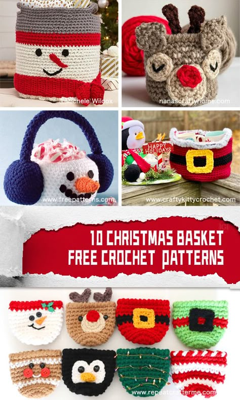 10 Christmas Basket FREE Crochet Patterns - iGOODideas.com Crochet Candy Holder Free Pattern, Crochet Christmas Gift Bags Free Pattern, Crochet Christmas Gifts Free Patterns, Quick Knitting Projects Free, Shawls Design, Free Christmas Crochet, Christmas Crochet Ideas, Xmas Crochet, Christmas Crochet Patterns Free