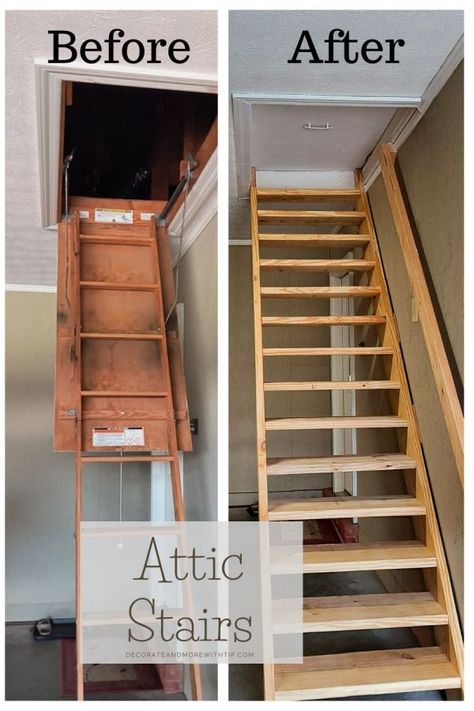 BEFORE AND AFTER ATTIC STAIRS - Decorate with Tip and More Attic Stairway Ideas, Building Stairs To Attic, Pull Down Attic Stairs With Railing, Stairs To Attic In Garage, How To Turn Attic Into Living Space, Staircase To Attic Room, Turning Attic Into Living Space, Finished Attic Space Slanted Walls, Attic Ladder Ideas Diy