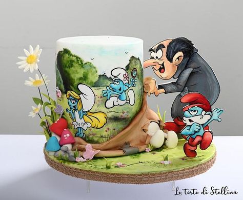 Smurfs cake by graziastellina Smurfs Cake, Painting Cake, Disney Themed Cakes, Cake Designs For Kids, Hand Painted Cakes, Anniversaire Harry Potter, Cake Topper Tutorial, The Smurfs, Valentine Cake