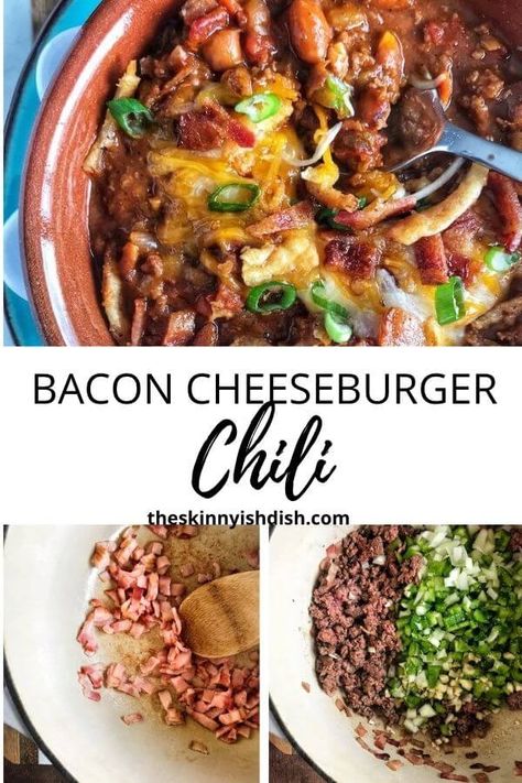 This Bacon Cheeseburger Chili is everything you know and love about a big ol’ juicy cheeseburger and a piping hot bowl of chili. In this recipe, you’ll find that they got married and had a delicious little baby. Bacon Cheeseburger Chili might just be a new family favorite. #baconcheeseburger #chili Cheeseburger Chili, Skinnyish Dish, Bowl Of Chili, Chili Toppings, Fall Foods, Calorie Recipes, Bacon Cheeseburger, Pot Meals, Ww Recipes