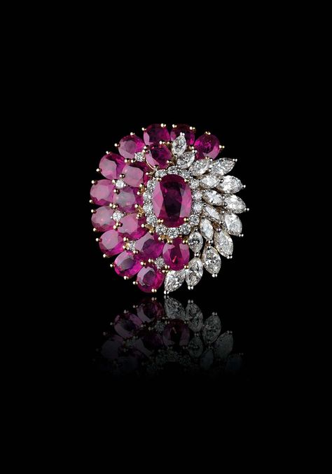 Ruby and diamond cocktail ring by farahkhanf for tanishq set in yellow gold. Tanishq Jewellery, Diamond Cocktail Ring, Ruby Diamond Rings, Diamond Jewelry Designs, Diamond Cocktail Rings, Ruby Jewelry, South Asian, Ruby Diamond, Gems Jewelry