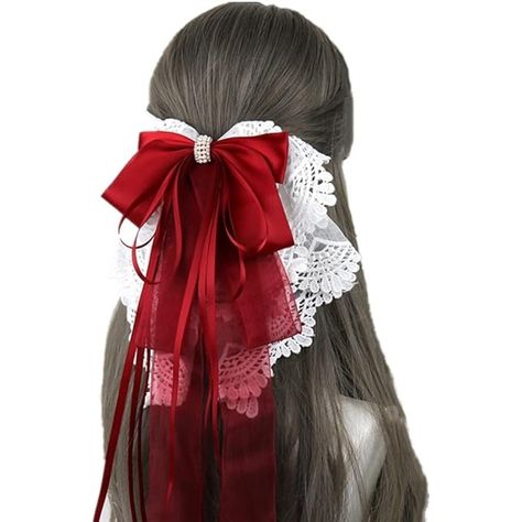 Amazon.com : Women Handmade Ribbon Lace Sweet Cute Hairpin Lolita Big Bow Hair Clips Lolita Party Princess Barrette Hair Accessories (Red) : Beauty & Personal Care Big Bow In Hair, Red Bow In Hair, Clue Costume, Hair Accessories Red, Red And Black Outfits, Prince Clothes, Handmade Hairpin, Clothes Reference, Pink Bows