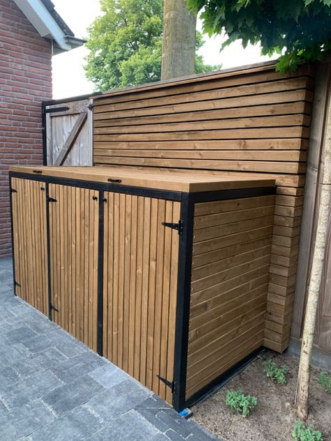 Outdoor Garbage Storage, Trash Can Storage Outdoor, Backyard Furniture Diy, Hide Trash Cans, Garbage Shed, Bin Shed, Hallway Ideas Narrow, Garbage Storage, Bloxburg Hallway