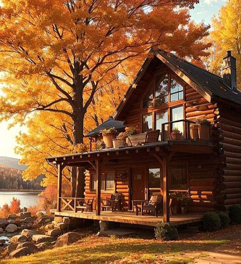 Autumn is a season of intense beauty 🍂🧡🍁 Autumn Woods, Pine Mountain, Mountain Lodge, Cabin Fever, Types Of Houses, Slow Living, Beautiful Places, Porch, Cabin