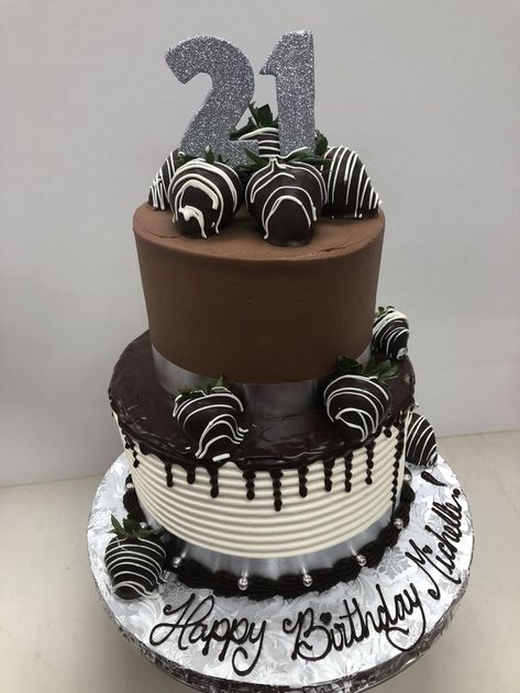 2 Tier cake with ganache drip, chocolate covered strawberries, and 21 gray fondant dipped in glitter Birthday Cakes Chocolate, Cake With Chocolate Covered Strawberries, Birthday Cake With Chocolate, Chocolate Covered Strawberry Cake, Ganache Drip, Tiered Cakes Birthday, 2 Tier Cake, Chocolate Covered Strawberry, Tier Cake