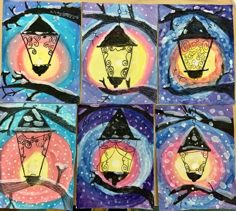 Winter lantern value project, 3rd grade. Crayon, watercolor, tempera 3rd Grade Art Lessons Winter, 2nd Grade Art Lessons Winter, Grade 4 Winter Art, 2nd Grade Christmas Art, Winter Elementary Art, Winter Lantern Ideas, Winter Art Projects For Kids Elementary, 7th Grade Art Projects, 3rd Grade Art Projects