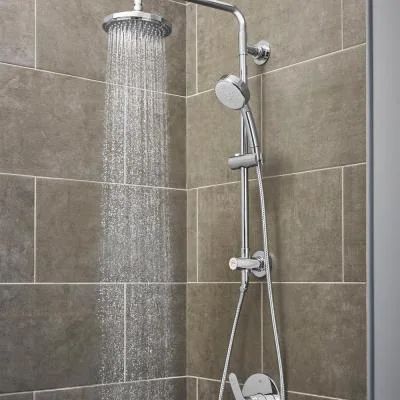 Vitalio 5-spray 7 in. Dual Shower Head and Handheld Shower Head in Chrome Double Shower Heads, Grohe Shower, Bathroom Shower Heads, Dual Shower Heads, Master Shower, Shower Fixtures, Bathroom Remodel Shower, Rainfall Shower Head, Modern Shower