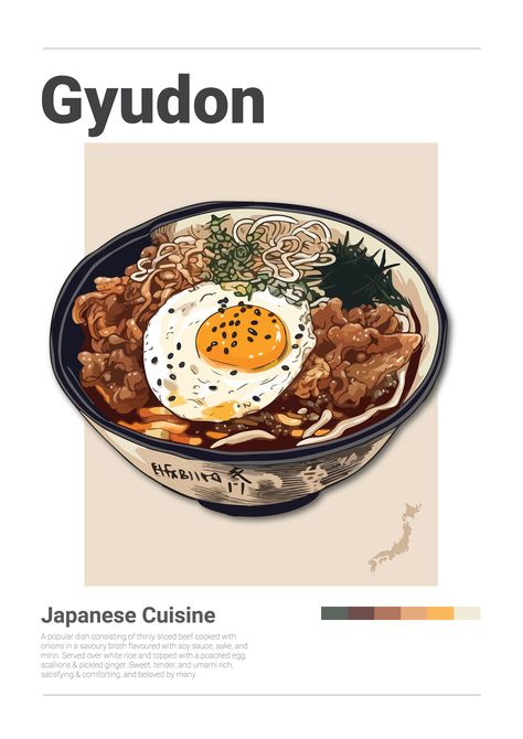 Minimalist Food Poster, Food Drawing Reference, Food Poster Design Layout, Japan Food Poster, Japanese Food Design, Japanese Donburi, Japanese Food Poster, Japanese Food Illustration, Menu Design Inspiration