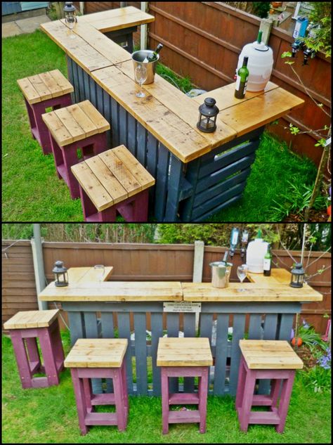 If you’d like an outdoor bar without a big price tag, this one made from recycled pallets could be for you.  Learn how to turn pallets into an outdoor bar by viewing the full gallery on our site at http://theownerbuildernetwork.co/6l9c  It would also work well as a side table for a big outdoor event – one for salads, another for desserts… Palet Bar, Bar Pallet, Bar En Palette, Winter Balcony, Decorating Balcony, Luxury Balcony, Apartment Privacy, Outdoor Pallet, Diy Outdoor Bar