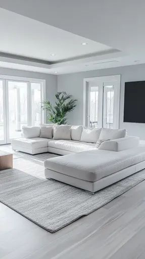 ↑↑↑ Larger size on website 🔸 The image shows a modern living room with a large white sectional sofa, a gray area rug, and a large Large White Sectional Living Room, Large Ceiling Fan Living Rooms White, Large White Sectional Sofa, White Sectional Sofa, Large Windows, Recessed Lighting, High Ceiling, Modern Living Room, Grey Area Rug