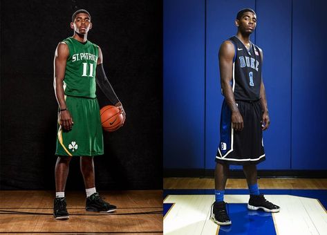 After wearing No. 11 at St. Patrick High School (left), Kyrie Irving became the first player to wear No. 1 (right) under head coach Mike Krzyzewski at Duke. (Photos by Steve Boyle (left) and Doron Gild) Kyrie Irving High School, Kyrie Irving Duke, Duke Photos, Nba Quotes, Uncle Drew, Duke Blue Devils, Cool Swords, Blue Devil, Kyrie Irving