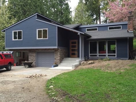 Over Garage Expansion - Transitional - Exterior - Seattle - by J.T. Design Garage Expansion, Outdoor House Paint Colors, Raised Ranch Exterior, Raised Ranch Kitchen, Ranch Pictures, Outdoor House Paint, Split Level Remodel Exterior, Split Level Exterior, Raised Ranch Remodel