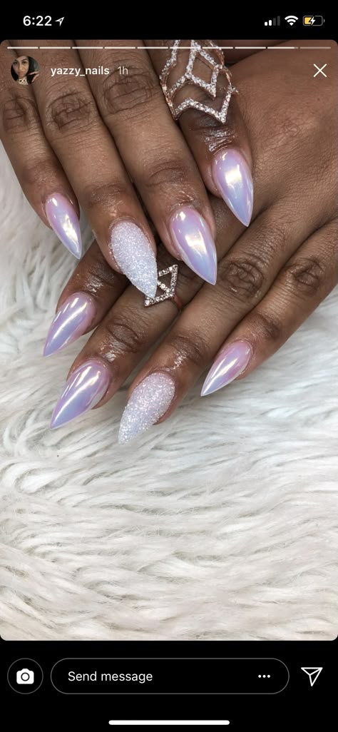 Opal Chrome French Tip Nails, Beach Nails Stiletto, Iredecent Nails Ideas, Fun Chrome Nails Summer, Pink Holographic Nail Designs, Iridescent Nail Designs, Irridecent Design Nails, Iridescent French Tip Nails, Opal Nail Designs