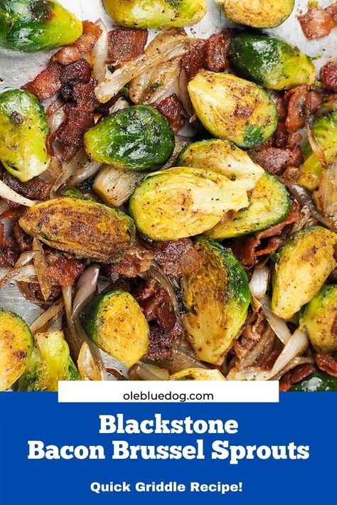 Bacon Brussel Sprouts on the griddle are quick to make, and only use a few ingredients. A simple healthy side dish that will dress up any meal. Outdoor Griddle Recipes, Griddle Cooking Recipes, Cooking Stone, Bacon Brussel Sprouts, Griddle Recipes, Flat Top Grill, Healthy Side Dish, Griddle Cooking, Sprouts With Bacon