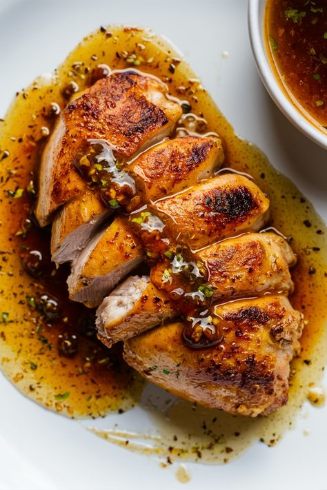 Grilled chicken breast sliced and drizzled with a herb infused sauce on a white plate. Grilled Chicken Recipes With Sauce, Roasted Chicken Sauce, Healthy Chicken Sauce, Chicken Sauces Ideas, Creative Recipes Dinner, Gourmet Chicken Recipes, Grilled Chicken Sauce, Plating Chicken, Roast Chicken Sauce