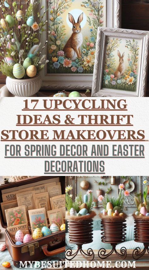 Breathe new life into your spring decor with 17 upcycled crafts and creative thrift store makeovers! Find budget-friendly ideas for everything from Easter centerpieces to garden furniture, using recycled materials and thrifted treasures. #upcycleddecor #springdecor #diycrafts #thriftedfinds #easterdecorations #recycledcrafts #gardendecor #sustainableliving #springdiy #creativedecor Thrift Store Makeover Ideas, Springtime Crafts, Spring Decorating Ideas, Thrifted Decor, Diy Spring Crafts, Thrift Store Makeover, Thrift Store Crafts, Upcycling Ideas, Upcycle Decor