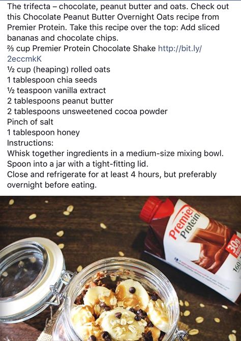 Peanut Butter Overnight Oats, Chocolate Overnight Oats, Protein Chocolate, Premier Protein, Chocolate Shake, Overnight Oats Recipe, Rolled Oats, Overnight Oats, Protein Foods