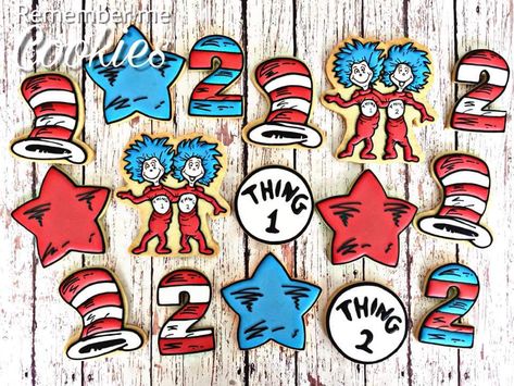 Cat In The Hat Cookies, Doctor Suess Birthday, Dr Seuss Party Ideas, Cat In The Hat Party, First Birthday Cookies, Dr Seuss Birthday Party, Dr Seuss Baby Shower, Hat Cookies, Seuss Party