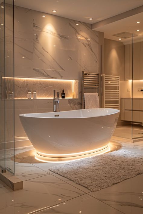 Cheap Modern Bathroom, Fancy Bathtubs, Bathroom Ideas Bathtub, Modern House Bathroom, Bathrooms Luxury Modern, Bathroom Ideas White, Bathtub Design Ideas, Bathtub Lighting, Marble Bathroom Ideas