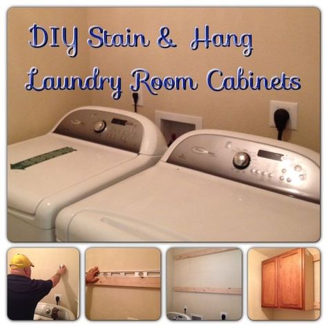 HOW TO STAIN & HANG LAUNDRY ROOM CABINETS WHILE ON A BUDGET How To Hang Cabinets, Laundry Room/mud Room, Laundry Time, Laundry List, Room Storage Diy, Laundry Ideas, Diy Staining, Indoor Ideas, Laundry Cabinets