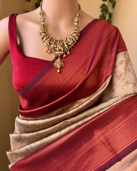 Www.thejacouture.in> silk sarees> Ivory art silk saree. Ivory art silk saree with contrast reddish maroon border. Comes with copper gold zari design all over saree and pallu with contrast blouse . Blouse : 80cm Wash care: Normal wash. Jewellery: @elegant_fashion6095 #ivorysaree #artsilk #saree #sareelove #indiantradition #silksarees #uniquecombination #instagramsarees #onlineshopping Maroon Silk Saree Contrast Blouse, Marron Saree With Contrast Blouse, Jewellery Elegant, Art Silk Sarees, Diamond Jewelry Designs, Contrast Blouse, Silk Saree, Silk Sarees, Jewelry Design