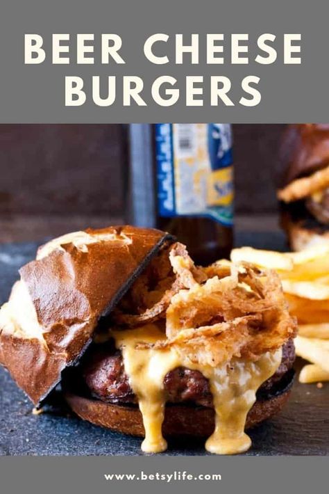 Pretzel Burger Recipe, Beer Burger Recipes, Pretzel Burger, Beer Cheese Sauce, Crispy Fried Onions, Beer Burger, Cheese Burgers, Pretzel Cheese, Juicy Burger