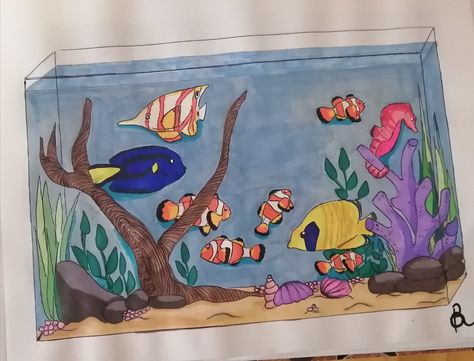 Fish tank with different types of fish Aquarium Sketch Art, Fish Tank Drawing Easy, Cute Aquarium Drawing, Fish Tank Drawing Art, Aquarium Fish Drawing, Fish Tank Drawing Aquarium, Aquarium Art Drawing, Fish Tank Drawing For Kids, Aquarium Drawing Ideas