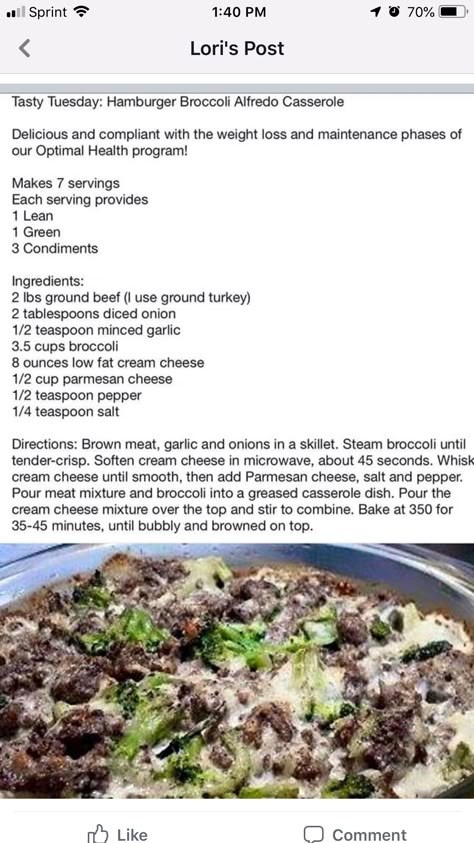 Hamburger Broccoli Alfredo Casserole Hamburger Broccoli, Lean Green Meals, Alfredo Casserole, Medifast Recipes, Lean Protein Meals, Broccoli Alfredo, Lean And Green, Green Meals, Lean Meals