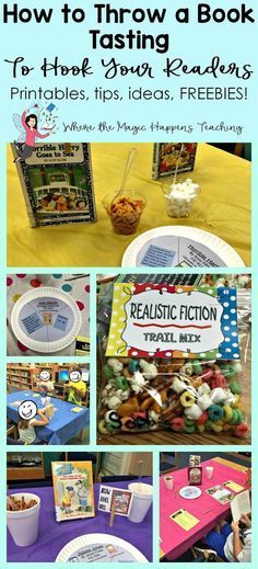 Where the Magic Happens: How to Throw a Book Tasting For 2nd Graders. Reading motivation for all readers. Free printables, tips, and ideas. Book Tasting Snacks, Reading Themes For Classroom, Booknic Ideas, Realistic Fiction Activities, Library Activities For Kids, Reading Snacks, Family Literacy Night, Smart Boards, Planning School