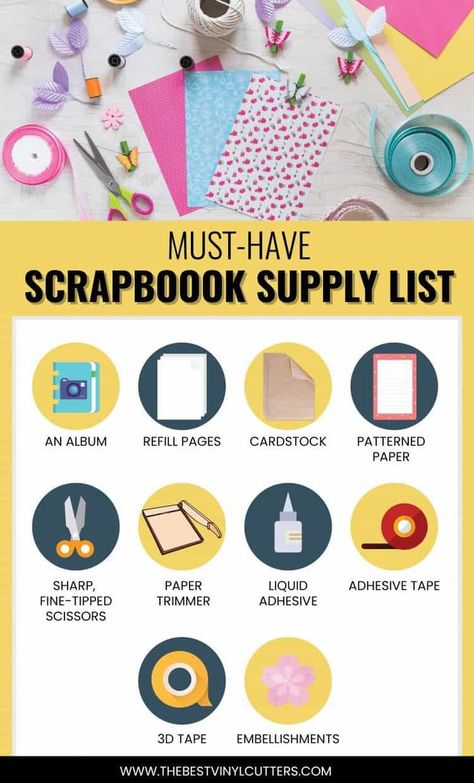 Our Handy Essential and 'Must-Have' Scrapbooking Supplies List. For all the supplies you will need to get started. We also share which Scrapbook tools we believe you should invest in. #scrapbooking #scrapbooking101 #scrapbooktools #scrapbooktips Beginner Scrapbooking Ideas Simple, How To Scrapbook For Beginners, Scrapbook Ideas For School Projects, Scrapbooking Supplies List, Scrapbook Tools, Scrapbooking 101, Beginner Scrapbooking, Scrapbook Examples, Scrapbook Planning