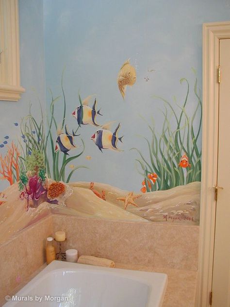 15 Epic DIY Wall Painting Ideas to Refresh Your Decor - Useful DIY Projects Ocean Mural, Bathroom Mural, Beach Mural, Ceiling Murals, Floor Murals, Diy Wall Painting, Upstairs Hallway, Floor Bathroom, Ocean Floor