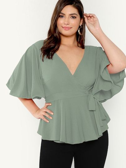 Plus Ruffle Detail Leopard Print Top | SHEIN Leopard Print Top, Wrap Blouse, Plus Size Blouses, Mode Style, Curvy Fashion, Fashion Tops, Plus Size Tops, Ladies Tops Fashion, Print Tops