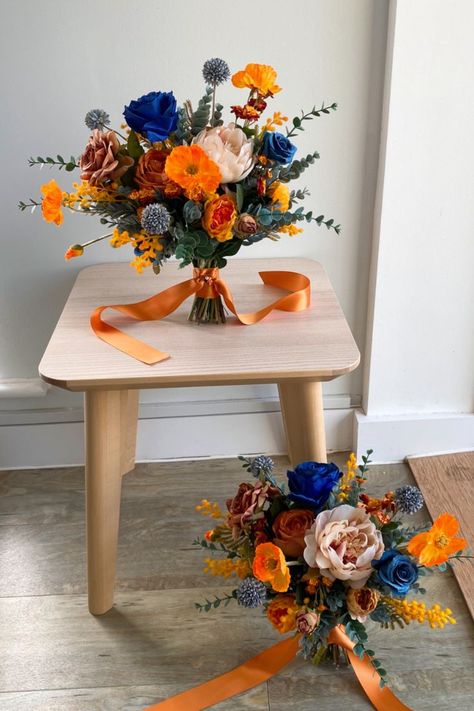 Graduation Flower Bouquet, Silk Flower Bouquet, Faux Flower Bouquets, Graduation Flowers, White Floral Arrangements, Blue Centerpieces, Buffet Decor, Rose Bridal Bouquet, Fleur Orange