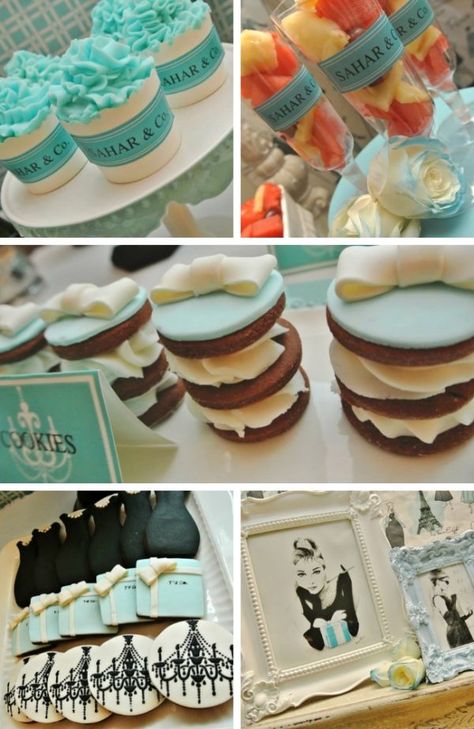 Breakfast at Tiffany’s Party – Baby Shower Ideas 4U Breakfast At Tiffany's Food Ideas, Iconic Black Dress, Grad Brunch, Vow Renewal Party, Breakfast At Tiffanys Party Ideas, Aristocats Party, Tiffany Birthday Party, Tiffanys Party Ideas, Dress Cookies