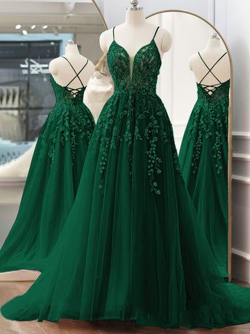 Vestidos Color Verde Esmeralda, Prom Dresses A Line, Green Prom Dresses, Prom Dress Pictures, Robes Glamour, Green Evening Dress, Green Prom, Green Tulle, Lace Party Dresses