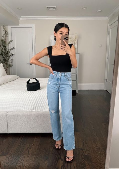 Levi's straight ankle jeans reformation tank petite Straight Levis Jeans Outfit, Levi Straight Leg Jeans Outfit, Ankle Jeans Outfit Summer, Ankle Straight Jeans Outfit, Fancy Dinner Date Outfit Classy, Neutrals Wardrobe, Reformation Outfits, Layla Aesthetic, Ankle Jeans Outfit