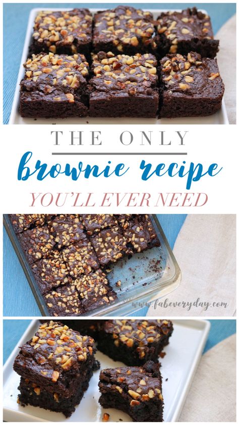 Happy National Brownie Day! Click or visit FabEveryday.com for the easy fail-proof recipe to join in the celebration by making my Classic Brownies (with or without nuts). It’s the last brownie recipe you’ll ever need! Be sure to pin this one to your dessert and menu planning boards. #brownie #brownies #recipe #recipes #easyrecipe #easyrecipes #dessert #desserts #dessertrecipe #dessertrecipes #cocoa #cocoapowder #baking #easydessert #chocolatelover #darkchocolate #walnuts #fabfood Boxed Brownie Recipes, Basic Brownie Recipe, National Brownie Day, Classic Brownies, Classic Brownies Recipe, Homemade Brownies Easy, Cookie Dough Cake, Cheesecake Brownie, Best Brownie Recipe