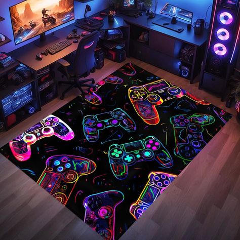 Cyberpunk Room Decor, Gamer Room Ideas Boy Bedrooms, Cyberpunk Room, Gamer Style, Shark Room, Game Room Ideas, Boys Rug, Boys Game Room, Cool Graffiti