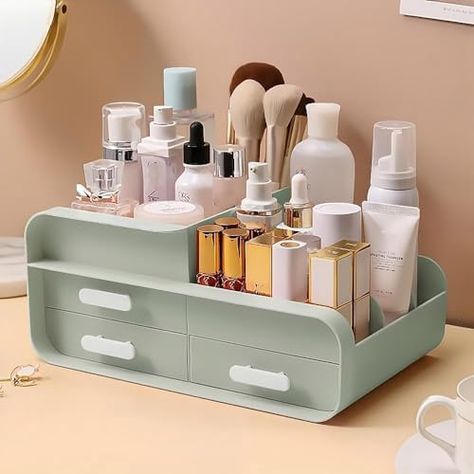 Makeup Organiser Cosmetic Storage Box, Make up Organizer Dressing Table Plastic Cosmetics Holder with Drawer - Large Countertop Vanity Cosmetic Stand Containers for Beauty Skincare Jewellery, Green : Amazon.co.uk: Beauty Makeup Organiser, Makeup Containers, Makeup Holder, White Makeup, Make Up Organiser, Clean Makeup, Pink Makeup, Cosmetic Organizer, Organiser Box