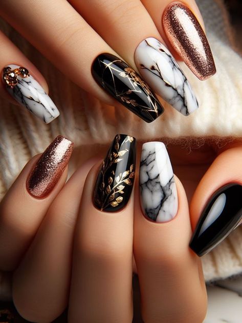 A chic black and white nail design with marble accents and gold foil detailing, creating a luxurious and sophisticated appearance Matte Black With Gold Nails, Black And Gold Marble Nails, White And Gold Marble Nails, Black White And Gold Nails, Black And White Marble Nails, White Spring Nails, Black And White Nail Design, White Nail Design, Black Marble Nails