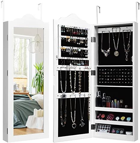 Amazon.com: Giantex Wall Door Mounted Jewelry Armoire with Full Length Mirror, Bedroom Bathroom Hanging Jewelry Cabinet Chest with 56 Ring Slots 23 Necklace Hooks 72 Ring Slots Deep Storage Organizer, White : Clothing, Shoes & Jewelry Full Length Mirror With Storage, Rustic Full Length Mirror, Hanging Jewelry Storage, Jewelry Storage Cabinet, Armoire Storage, Mirrored Armoire, Mirror Jewelry Storage, Mirror Bedroom, Mirror Jewelry