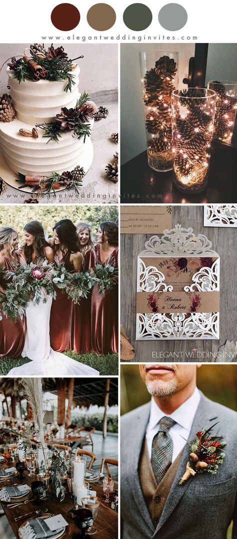 cozy chocolate brown and dark red rustic chic winter wedding colors Fall Outdoor Wedding Centerpieces, Winter Wedding Wedding Party, Fall And Winter Wedding Ideas, Farmhouse Winter Wedding, Winter Wedding Champagne Color, Rustic Winter Wedding Centerpieces, Winter Wedding Food Ideas, Small Winter Wedding Ideas, Winter Wedding Colors Schemes